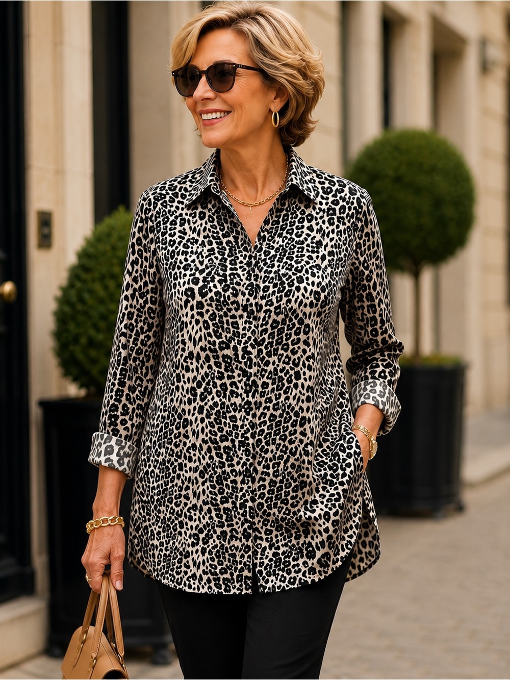Chico's No Iron Shirt Blouse Sz 3 XL Top Tunic Animal Leopard Print Travel